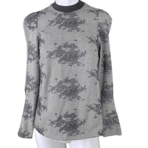 Zara Tops - Zara Trafaluc Women's Houndstooth Floral Crew Neck Blouse Gray & Black s…​